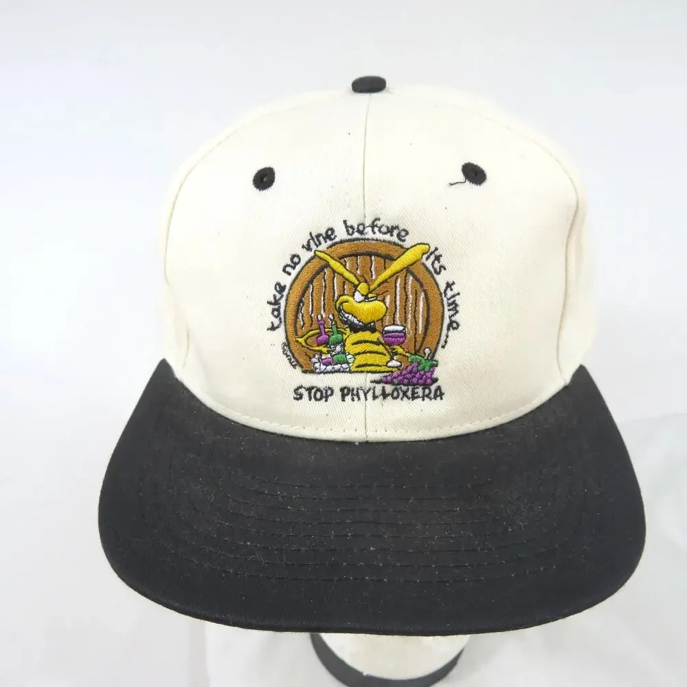 Stop Phylloxera Cartoon Wine Hat Beige Black Snapback 1990s